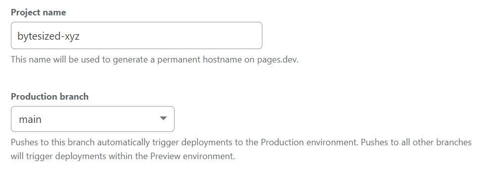 Cloudflare Pagesのプロジェクト名とProduction branch