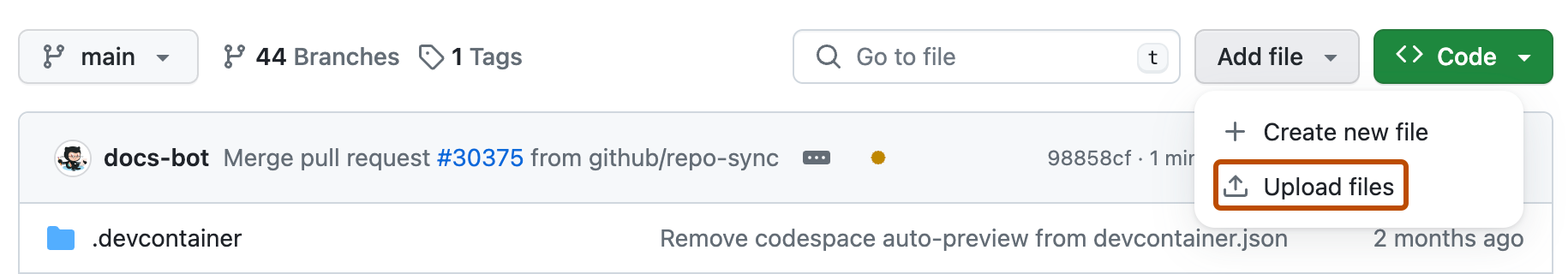 GitHubのAdd fileメニューとUpload files